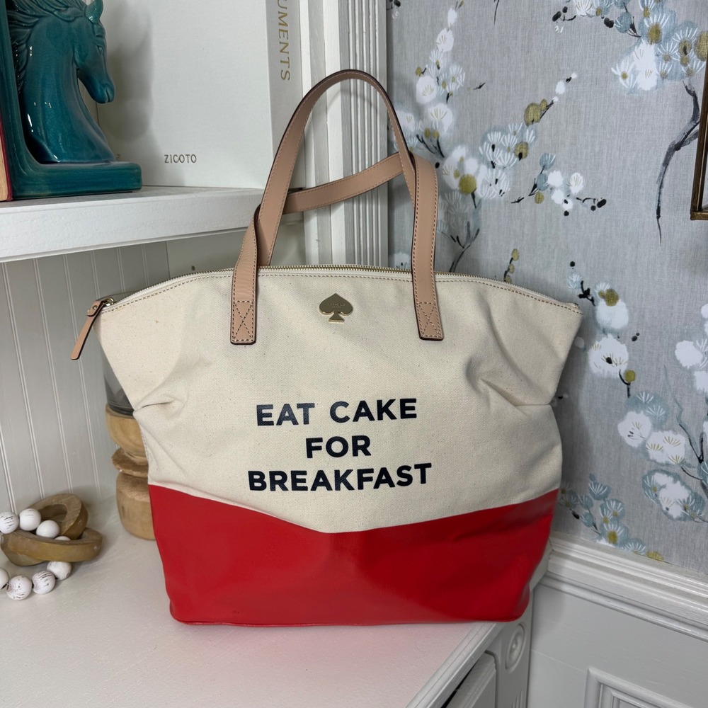 Kate Spade Eat Cake For Breakfast Canvas Tote Bag Cream Red Colorblock